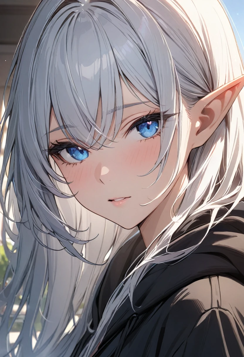 masterpiece , morning , close up , beauty , black robe , hoodie, long hair, white hair, blue eyes,elf