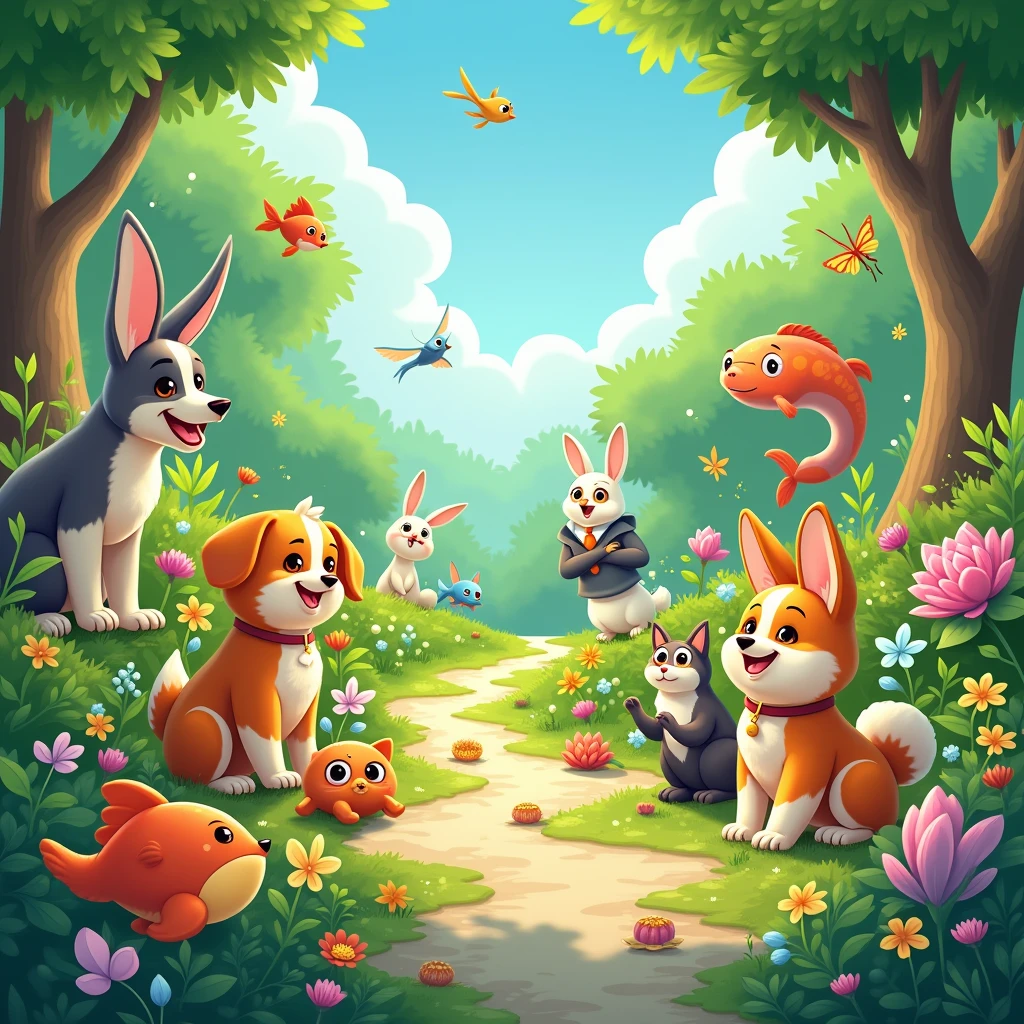 Animated pets, animals, birds,fish in a garden. In youtube banner size. Eden Ogrod heading include