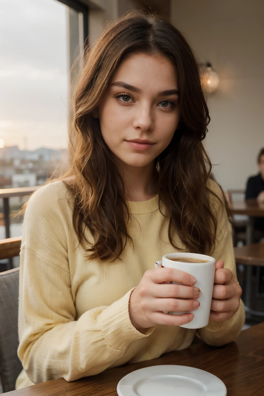 Pretty beautiful blonde with a yellow sweater (drinking coffee in modern cafe at sunset), very detailed, , Visage innocent, naturally wavy hair, blue eye, high resolution, head of'artwork, best quality, complicated details, very detailed, sharpness, detailed skin, realistice Hauttextur, texture, detailed eyes, Professionnel, 4K, charming smile, prise avec Canon, 85 millimeters, Slight depth of field, Kodak Vision Color, corps parfaitement ajusté, extremely detailed, Photo_\(ultra\), fotorealistic, realistic, post-traitement, maximum details, roughness, real life, ultrarealistic, photoRealism, Photography, 8k uh, Photography