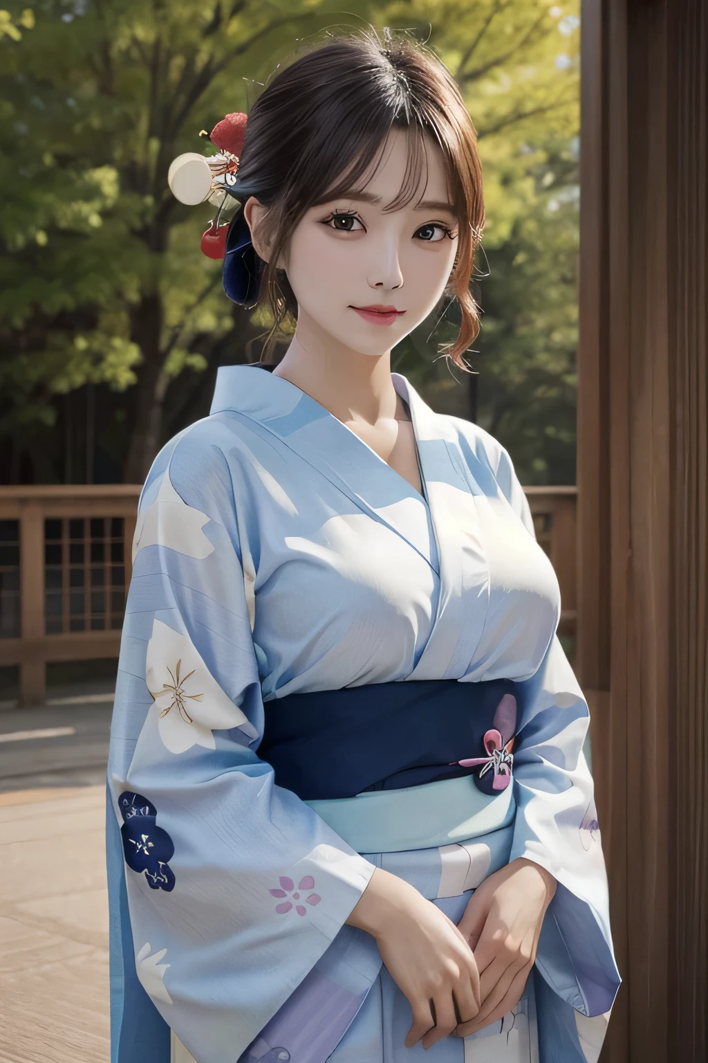 One Girl, 1 person,Highest quality,High resolution,超High resolution,8k,Realistic,Upper Body,encounter_audience,Large Breasts, the body is slim,(Yukata:1.2),