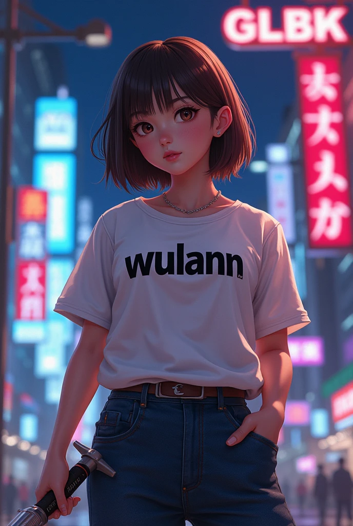 Create a character anime, {background: capital text: “GLBK” in right-top, night city}, tanned skin,
realistic, HDR, beautiful, japan style, full body, use deagger, age 20, t-shirt HD text: “Wulann”, female, short hair, brown hair, chubby, orange