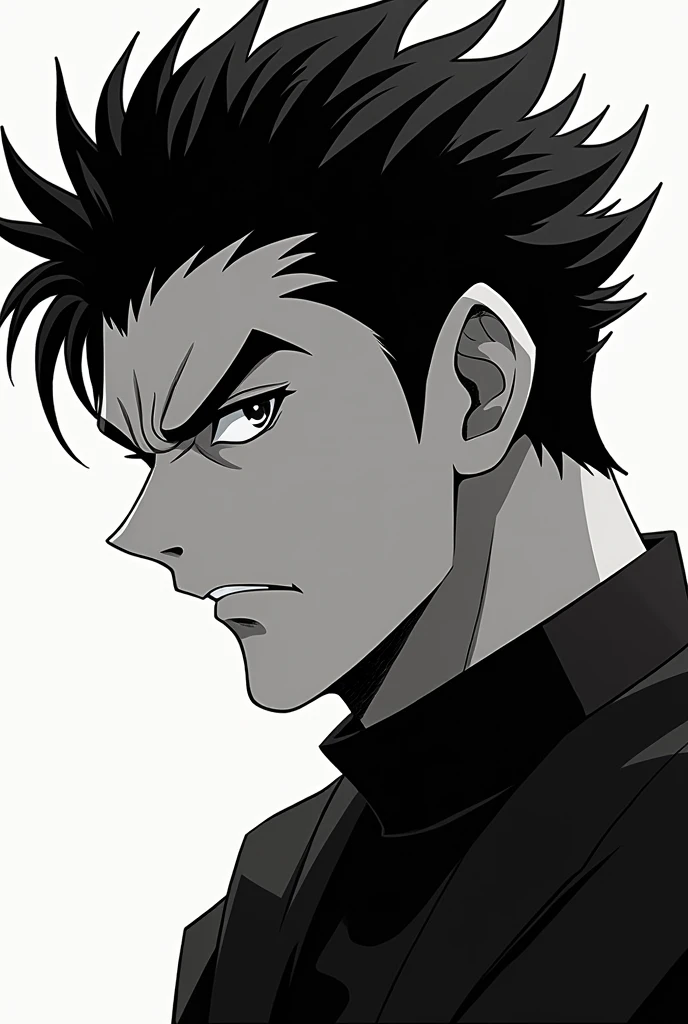 Superpowered big man anime assassin closeup with the KALIBER underneath in big letters