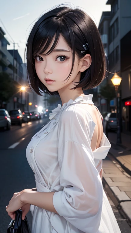 (Half Body Shot,Street lamp,moon),masterpiece, One Girl, Solo Exhibitions, Beautiful woman with small breasts, nightのビーチ, Beautiful Goddess Girl Portrait, Beautiful and elaborate face, Porcelain-like skin, (((Bust Shot, center, night, Black Hair, short hair)), Very soft lighting, Full Shot,Symmetric, complicated, Grace, Attention to detail, realism, art, concept art,White clothes