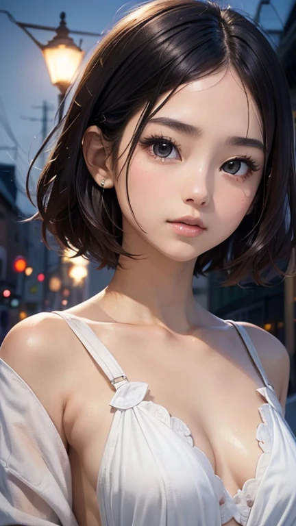(Half Body Shot,Street lamp,moon),masterpiece, One Girl, Solo Exhibitions, Beautiful woman with small breasts, nightのビーチ, Beautiful Goddess Girl Portrait, Beautiful and elaborate face, Porcelain-like skin, (((Bust Shot, center, night, Black Hair, short hair)), Very soft lighting, Full Shot,Symmetric, complicated, Grace, Attention to detail, realism, art, concept art,White clothes