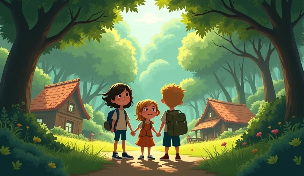 “A quiet village with three best friends—Lily, Max, and Jake—standing at the edge of a dense, green forest, excited to explore the woods behind their homes.”