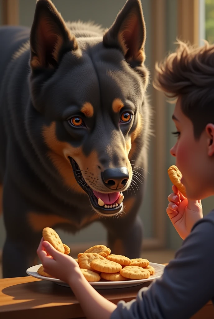 Generate a hungry dog and there's a guy eating biscuits in front of him