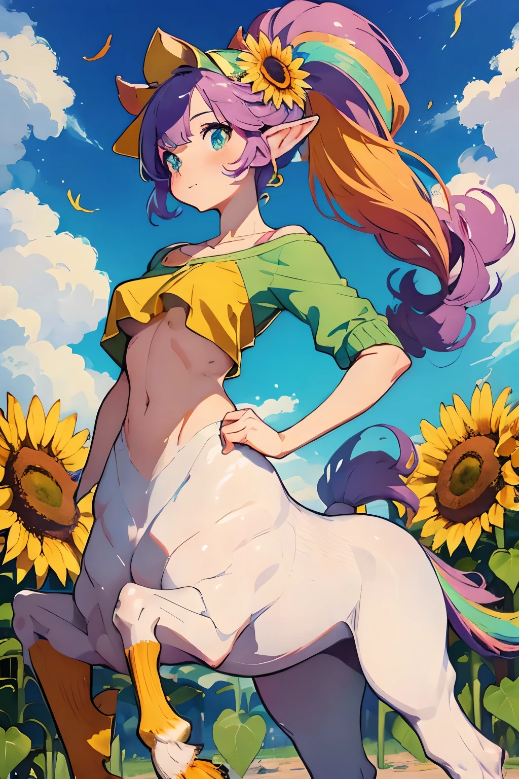 {masterpiece}, Highest quality, Very short stature，，Rainbow Hair, Vivid and colorful backgrounds, Whimsical and lively characters, Centaur，Fairies and magical creatures, sunflower，Brightly colored flowers and other natural elements, A fun and playful atmosphere or theme