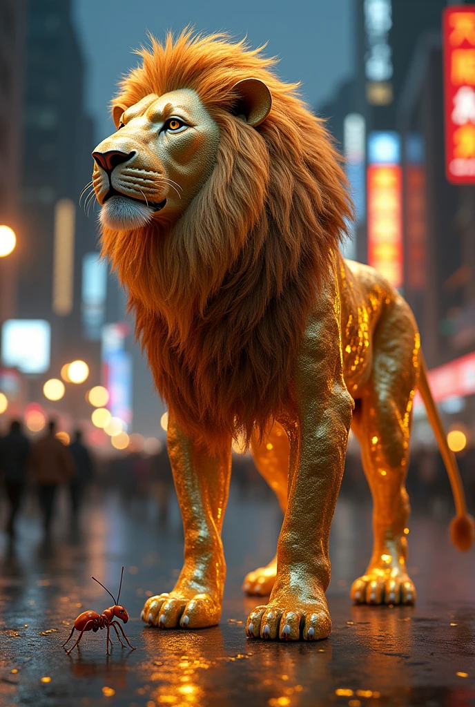 lion and ant and golden colour and matel in city at night and public place ant bid size