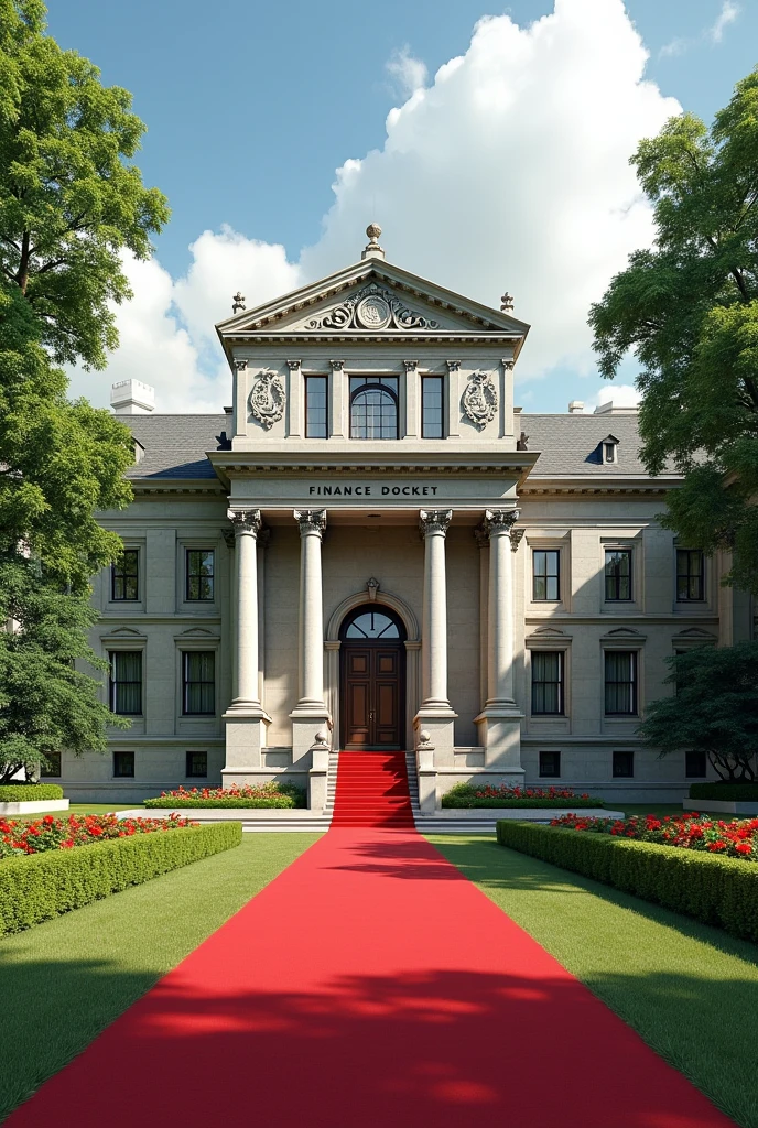 Create a building with  British, state design with a full view and a concrete on the building written  FINANCE DOCKET on it's own compound with Grass and flowers with red carpet on entrance 