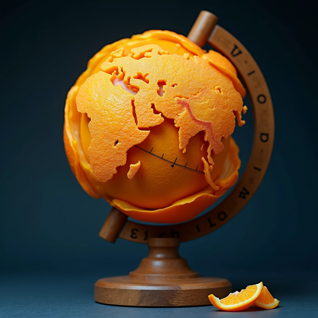 A creative and artistic representation of a globe made from an orange peel. The orange peel has been carefully carved and shaped to resemble the continents and landmasses of the Earth. The orange color and texture of the peel provide a unique and natural aesthetic. The orange peel globe is mounted on a traditional-looking wooden stand. The wooden frame of the globe features a meridian, which is a line that circles the globe and is used for measuring longitude. A small piece of orange peel is lying on the base of the stand. The background is a simple, dark blue.