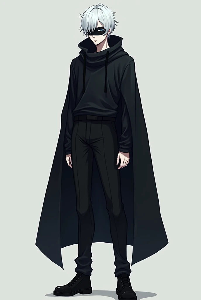 My character has blue eyes and short white hair., but he uses a black blindfold to cover his eyes, he is from an anime, he wears a slightly tight outfit that covers his entire body except his hands, the outfit is also black, the shoes are too and lastly, his skin color is white.