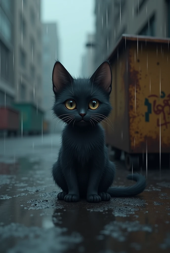 a cute black cat in the rain, abandoned on the cold streets, sad and hungry, (best quality,4k,8k,highres,masterpiece:1.2),ultra-detailed,(realistic,photorealistic,photo-realistic:1.37),dramatic lighting,cinematic composition,moody atmosphere,wet fur,large eyes,detailed whiskers,shivering body,rusted dumpster in the background,rain drops,gloomy cloudy sky,muted color palette,anime style,digital art,highly detailed,emotional expression