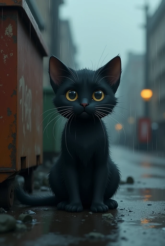 a cute black cat in the rain, abandoned on the cold streets, sad and hungry, (best quality,4k,8k,highres,masterpiece:1.2),ultra-detailed,(realistic,photorealistic,photo-realistic:1.37),dramatic lighting,cinematic composition,moody atmosphere,wet fur,large eyes,detailed whiskers,shivering body,rusted dumpster in the background,rain drops,gloomy cloudy sky,muted color palette,anime style,digital art,highly detailed,emotional expression