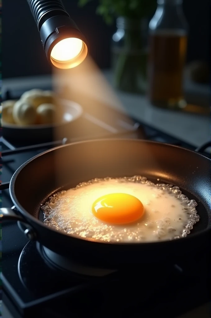 Please give me a picture of a 1000 watts flashlight under the pan heating up a pan while cooking a egg