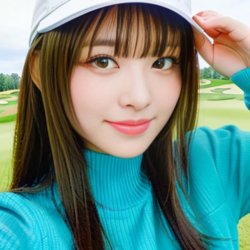 Beautiful young woman on a golf course, Cute Japanese Girls, Perfect Face, Beautiful and cute, Wear a sun visor, No sleeve, whole body white wear, setting, Ultra mini skirt, A well-trained body, Wear something green (whole body, Close-up photography), Looking into the camera, [Smiled, surprised], Frank, Professional, (born, 8k, Ultra-high resolution, Fujifilm XT3), Soft Focus, Highly detailed face, Knee-high socks, White Golf Shoes,