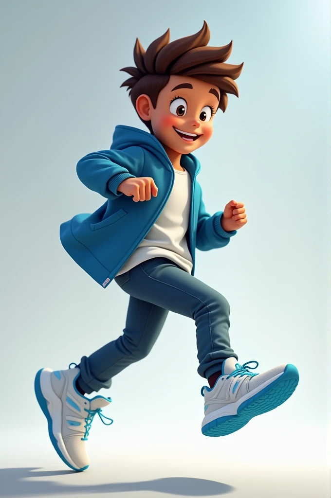 A boy wear a sporty shoe brand white and blue colour.