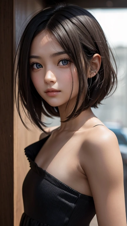 a girl who has short, beautiful shoulder-length hair and eyes that have the impression of a sharp gaze and has a cheeky and indifferent facial gesture