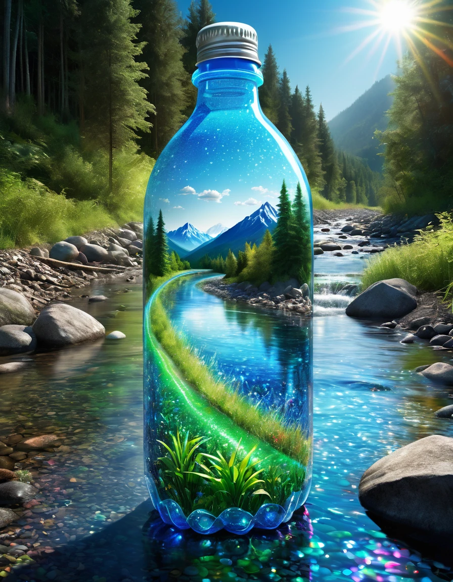 plastic bottle art, Combining various plastic bottles to express the meaning of nature, forest, stream, River bank, Mountain, clean water, blue sky, sun, neon line, (Super detailed, absolute resolution, best quality:1.3), 2.5D, Exquisite dynamic effects, iridescent glitter effect, art photography, Surreal, Graphic CG digital art, conceptual installation art
