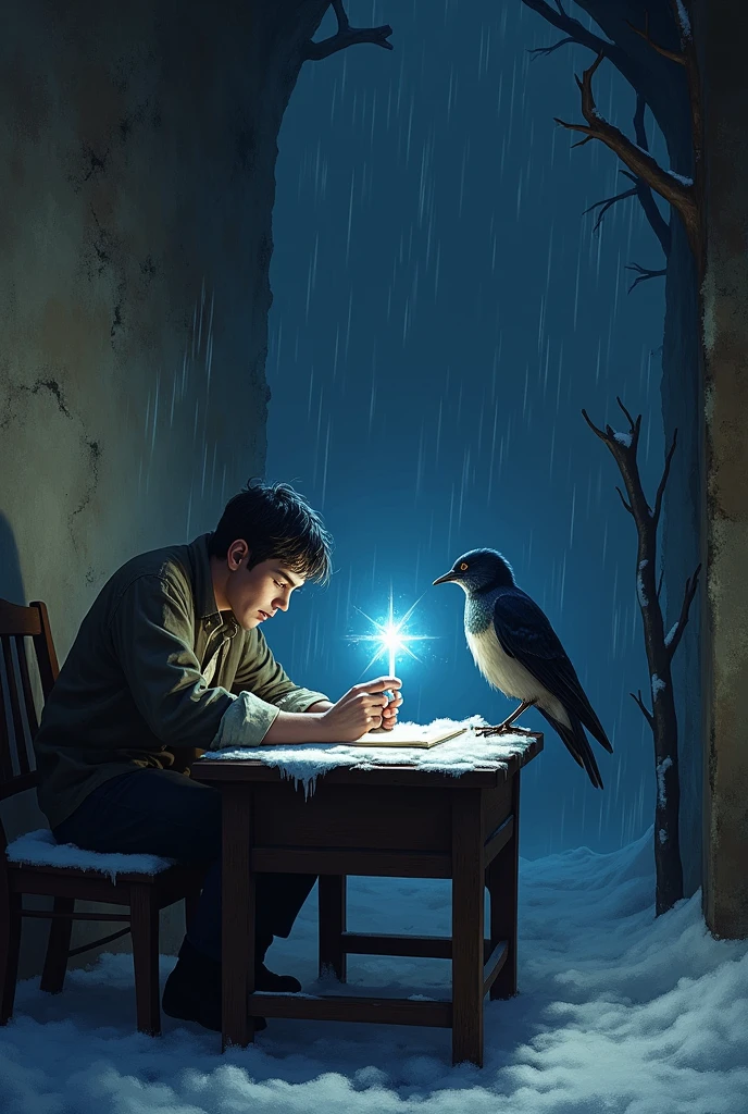 ### 4. **The Second Act of Charity**
   - **Description**: In a dark and cold attic, A young playwright sits at his desk. the walls, cracked and discolored, They can&#39;t hold back the cold wind that blows in from all sides.. The playwright, Defeated by poverty and loneliness, contemplates his unfinished work, without strength to continue. His hands tremble with cold and despair, but his mind, exhausted, finds no comfort. Meanwhile, the sparrow, obeying the Happy Prince, He carefully plucks out one of his sapphire eyes and brings it to the playwright.. Falling gently onto the desk, Sapphire emits a brilliant flash that lights up the room. The young man, surprised, takes the gem in his hands and, feeling its weight and shine, regain hope. With new determination, He is preparing to finish his work, knowing that someone, Somewhere, has believed in him.