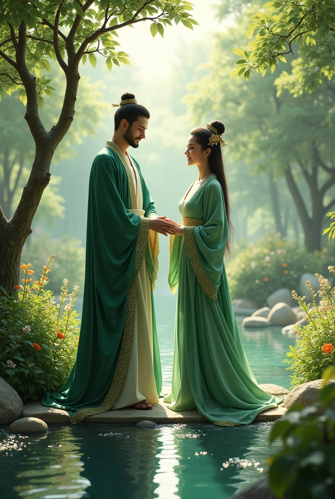 In a green garden with water river sets a young king wearing green silk with his wife’s chatting