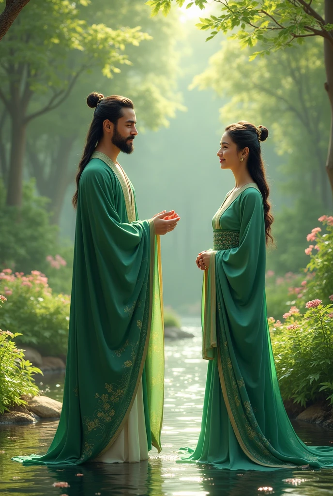 In a green garden with water river sets a young king wearing green silk with his wife’s chatting