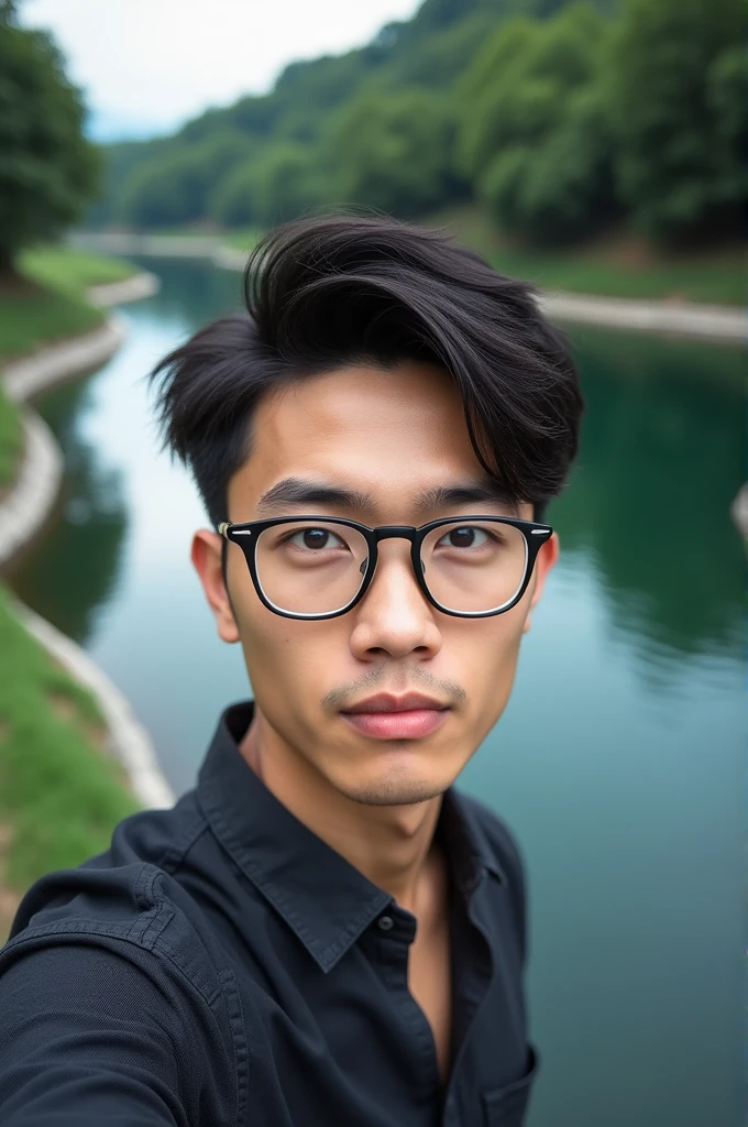 A handsome asian man, with glasses, selfie picture, in front of a river