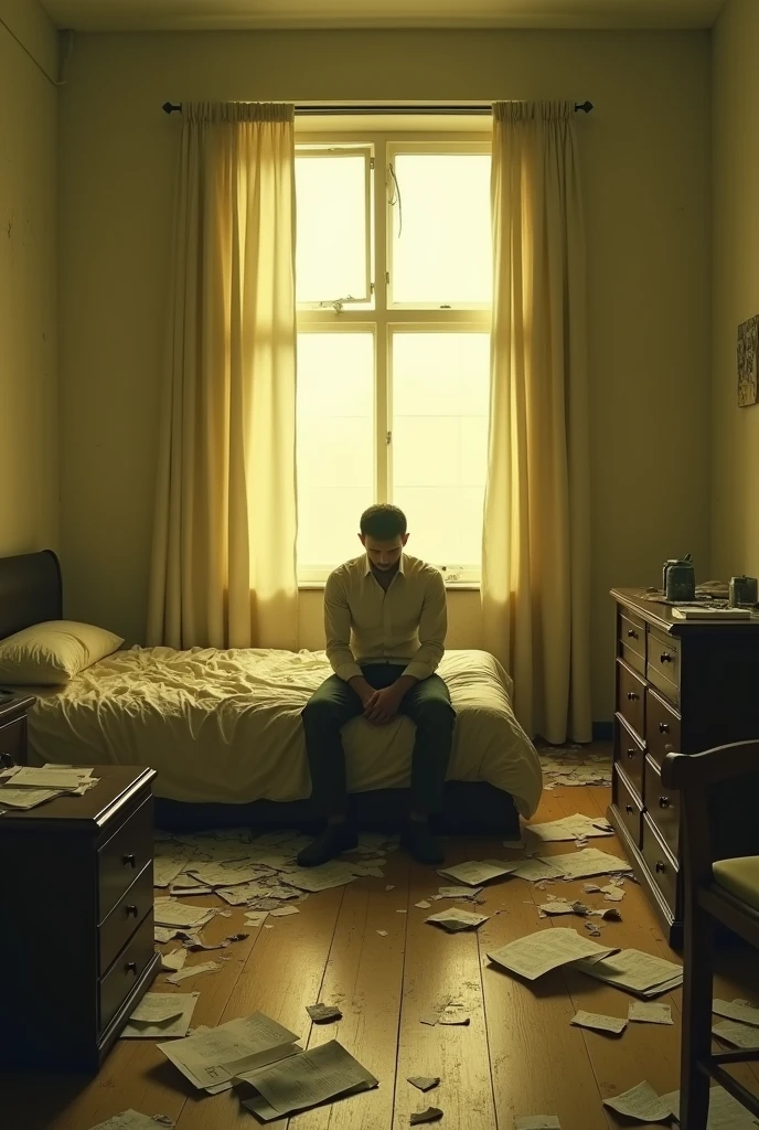 dans un style réaliste, en format carré : Chambre Désertée : Un intérieur minimaliste et désordonné, avec des meubles renversés, des feuilles de papier froissées éparpillées, et une fenêtre ouverte laissant entrer une lumière blafarde. Sur le lit, un homme est assise, la tête baissée et le regard droit, capturant l'idée d'une lutte intérieure, dans des ton jaunâtre comme si un couché de soleil éclairais