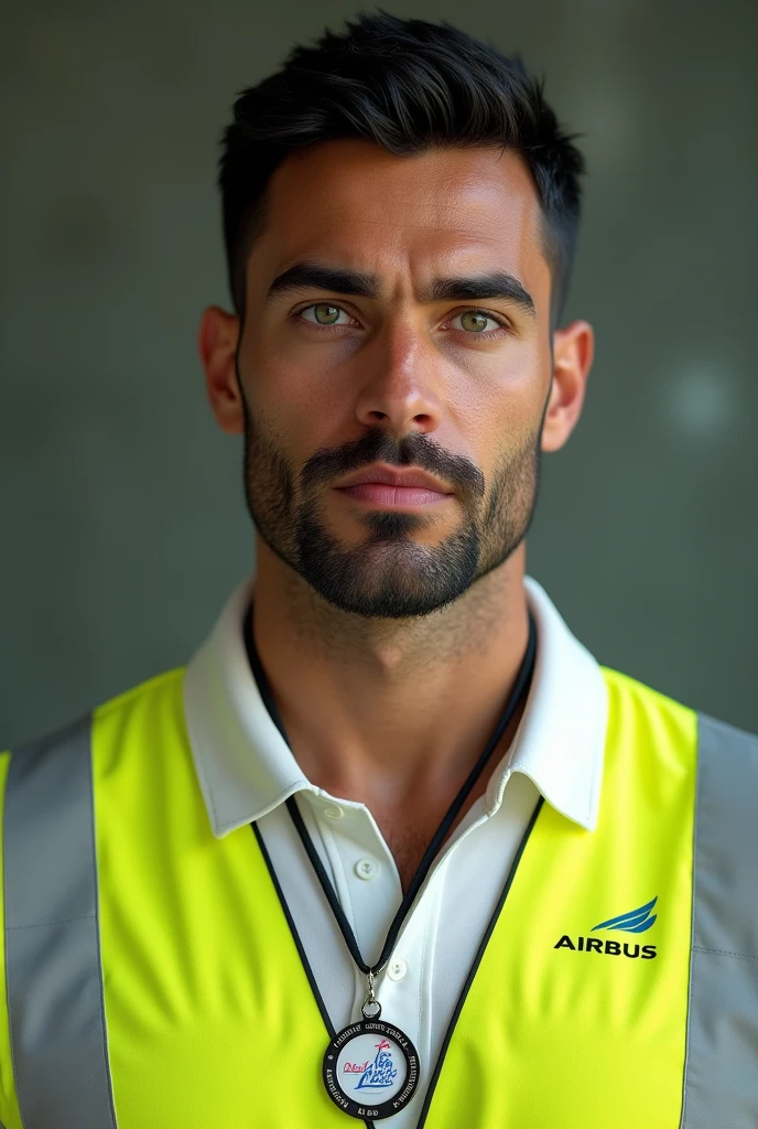 (photorealism:1.2), beautiful tanned man, Brazilian, green eyed, short black hair with a little beard, in a white polo shirt and a yellow high visibility Airbus vest, a badge around the neck with an airbus in the background