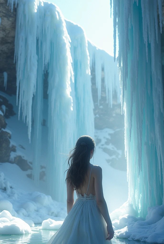 (masterpiece, best quality, realistic, Ultra high definition resolution), Nude woman, full body view, Back view of a naked woman crawling through a small, narrow ice tunnel, wet skin