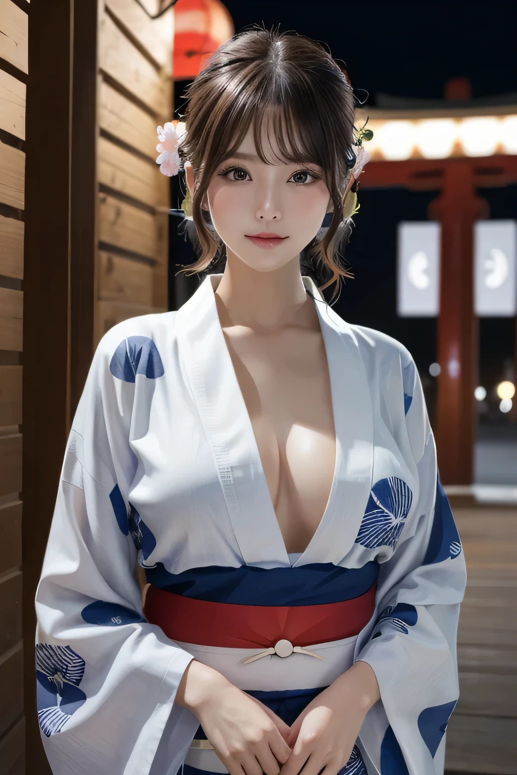 One Girl, 1 person,Highest quality,High resolution,超High resolution,8k,Realistic,Upper Body,encounter_audience,Large Breasts, the body is slim,(Yukata:1.2),
