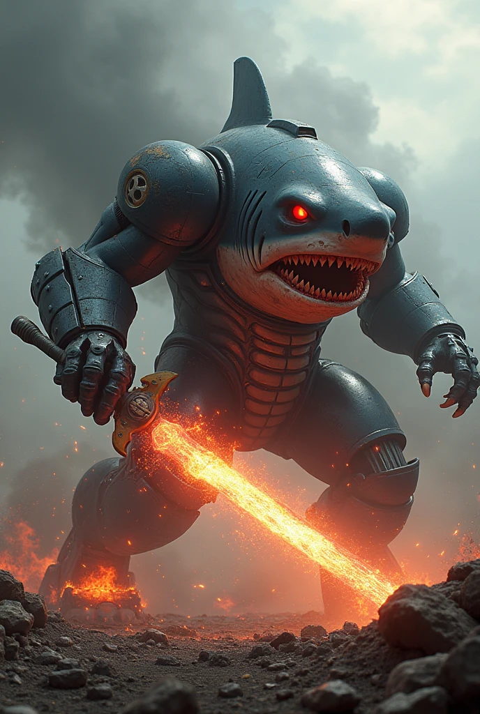 Shark + milatary tank Red eyes in hand fire sword