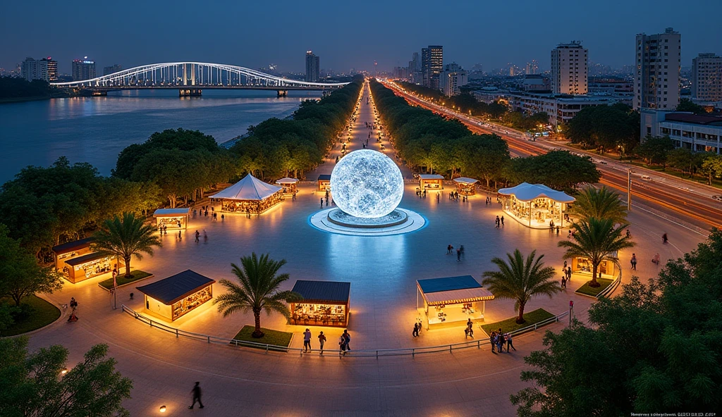 A panoramic photo from above looking down, at night looking from the river looking into the large square with the artwork as the center of the park area next to the HCMC river with the words 'Park Avenue Sai Gon', the roller skating path, the path is a wide and airy intersection, a small outdoor dining area with a modern wave-shaped wooden structure with vertical bars as the facade with fixed umbrellas, mobile kiosks selling wooden goods and unique architectural LED lights combined with tropical greenery, combined with a water square, Looking out to the Saigon river is a wide and airy outdoor cafe