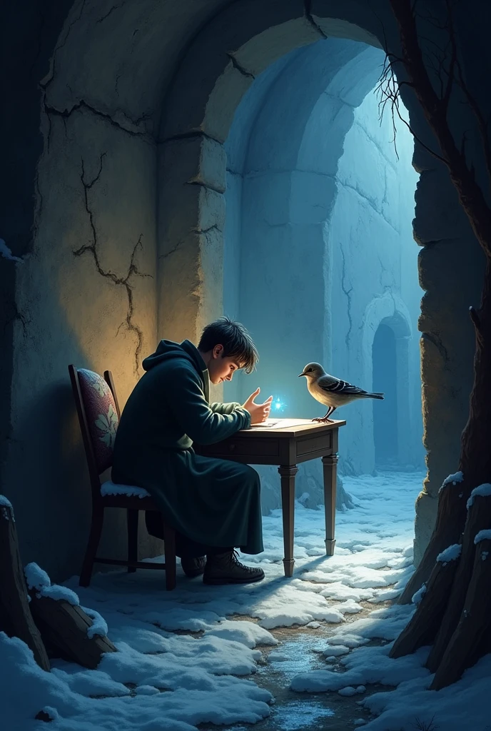### 4. **The Second Act of Charity**
- **Description**: In a dark and cold attic, A young playwright sits at his desk. the walls, cracked and discolored, They can't hold back the cold wind that blows in from all sides.. The playwright, Defeated by poverty and loneliness, contemplates his unfinished work, without strength to continue. His hands tremble with cold and despair, but his mind, exhausted, finds no comfort. Meanwhile, the sparrow, obeying the Happy Prince, He carefully plucks out one of his sapphire eyes and brings it to the playwright.. Falling gently onto the desk, Sapphire emits a brilliant flash that lights up the room. The young man, surprised, takes the gem in his hands and, feeling its weight and shine, regain hope. With new determination, He is preparing to finish his work, knowing that someone, Somewhere, has believed in him.
