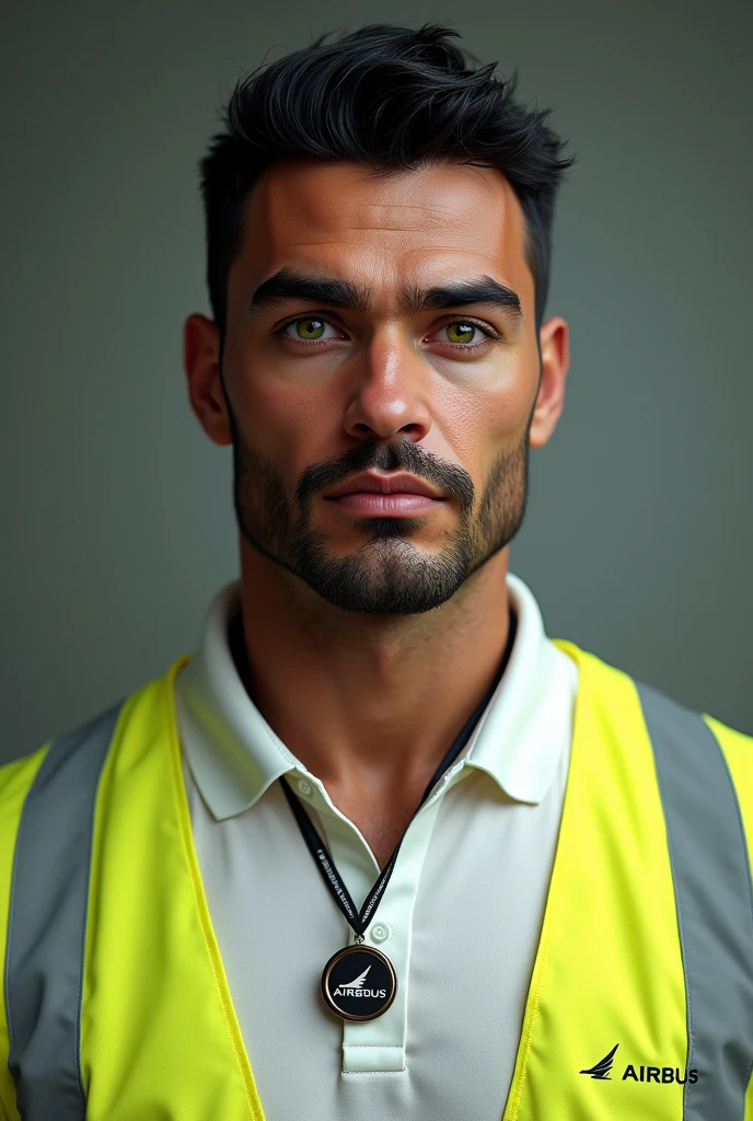 (photorealism:1.2), beautiful tanned man, Brazilian, green eyed, short black hair with a little beard, in a white polo shirt and a yellow high visibility Airbus vest, a badge around the neck with an airbus in the background