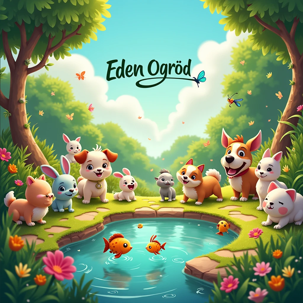 Animated pets, animals, birds,fish in a garden. In youtube banner size. Eden Ogrod heading include