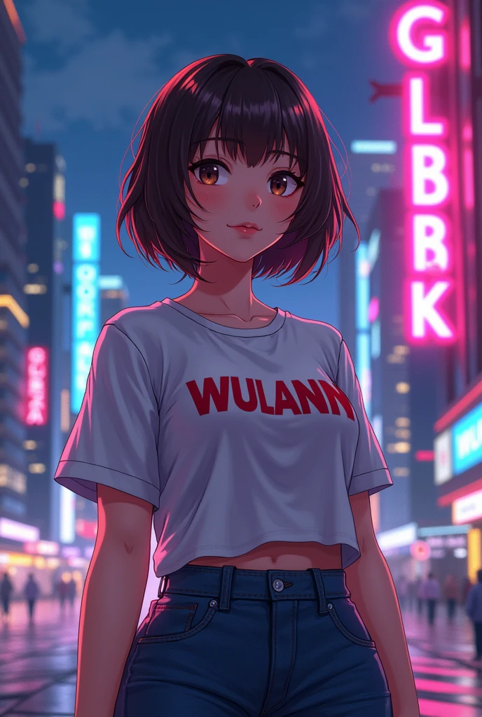 Create a character anime, {background: capital text: “GLBK” in right-top, night city}, tanned skin,
realistic, HDR, beautiful, japan style, full body, age 20, t-shirt HD text: “Wulann”, female, short hair, brown hair, chubby, orange