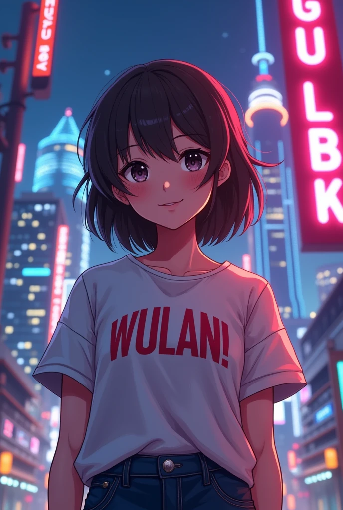 Create a character anime, {background: capital text: “GLBK” in right-top, night city}, tanned skin,
realistic, HDR, beautiful, japan style, full body, age 20, t-shirt HD text: “Wulann”, female, short hair, brown hair, chubby, orange