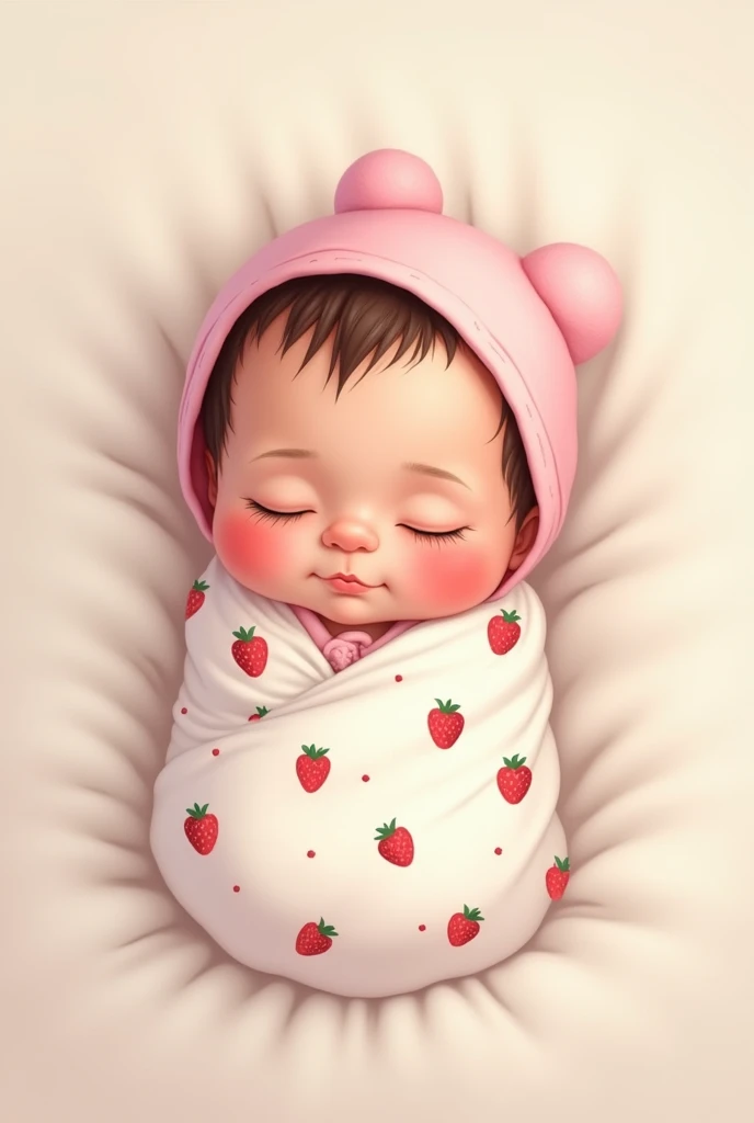 1 wearing a light pink plain hood, covered with a white blanket with red strawberry pattern, lying with eyes closed sleeping but smiling slightly. Baby lying hontally in the photo and turning his face to one side. Drawn in cute cartoon chibi style.