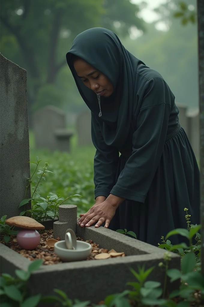 Malay women cry in front of her husband&#39;s grave