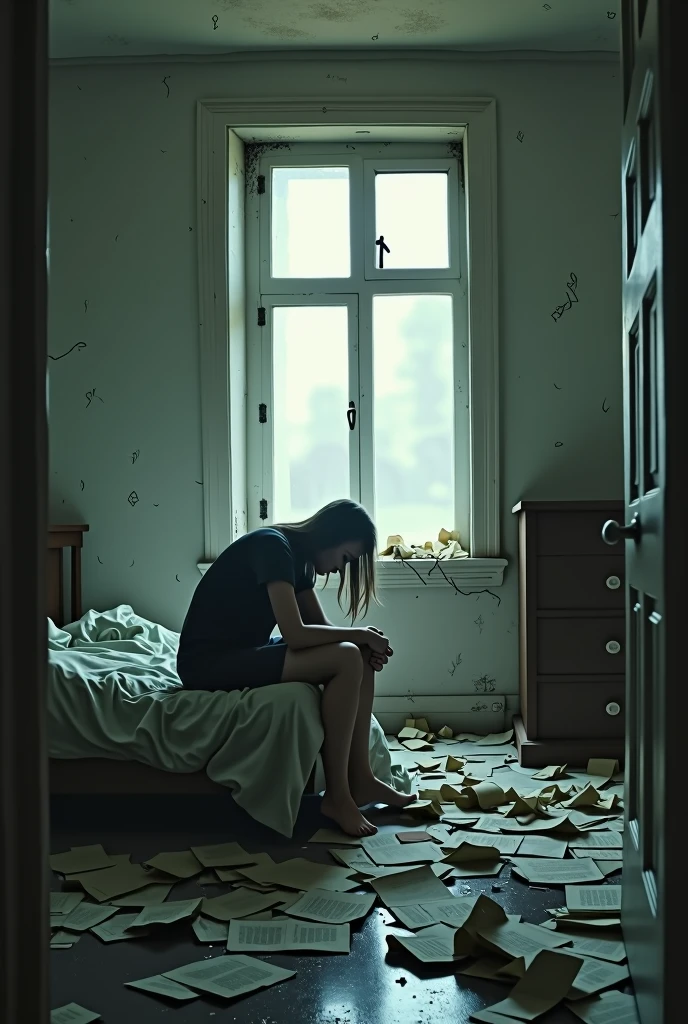 dans un style réaliste : Chambre Désertée : Un intérieur minimaliste et désordonné, avec des meubles renversés, des feuilles de papier froissées éparpillées, et une fenêtre ouverte laissant entrer une lumière blafarde. Sur le lit, une personne est assise, la tête baissée, capturant l'idée d'une lutte intérieure.
