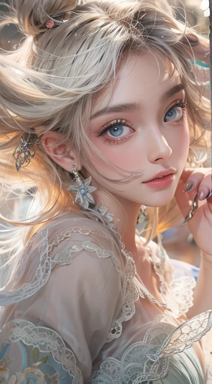 boring, I'm looking forward to, Underarm, Underarm, nearly naked, the body is slim, skinny, (Highest quality realistic textured skin),(terrible),(got it, round, Symmetrical eyes),Delicate facial features,(Burning bright cold eyes), very slim and the body is slim, naked, nude, (She has a mischievous smile),(Her face is kind and beautiful),Glass earrings in the ears,,(blonde),(Silvery white hair),(Chestnut Hair),(Dramatic Photos:1.4),(Dramatic Pose),(Flashy photos), Upturned eyes, Upward glance, Cluttered photos,(Hair flying in the air:2.0),(Background vortices and currents),(Dramatic Light),(Nice views),Spectacular realism,Cinematic feel,(High-density image review:1.5),(Soft colors:1.2),Very detailed,Dramatic Light,(Intricate details:1.1), (Complex background,Shine,fractal)