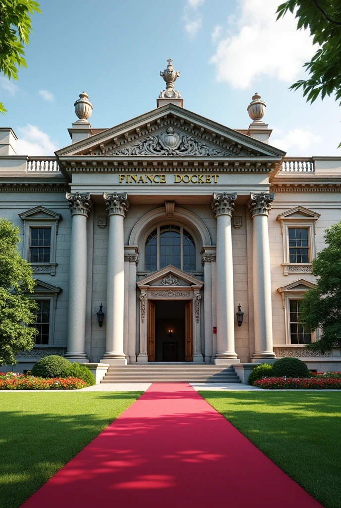 Create a building with British, state design with a full view and a concrete on the building written FINANCE DOCKET on it's own compound with Grass and flowers with red carpet on entrance
