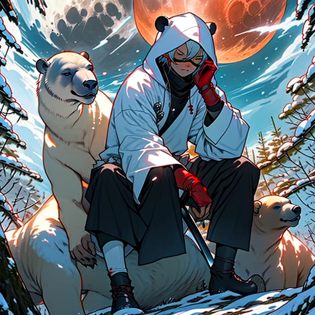 Dynamic picture, in it a man with a white hood with bear ears and a katana is sitting with a polar bear in a forest while the moon shines, many Roses cover the ground and lightning falls from the sky. The man wears a red blindfold. In the background of the picture is the blood moon.