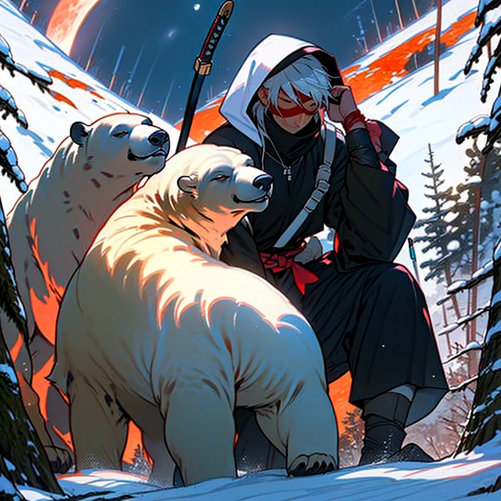 Dynamic picture, in it a man with a white hood with bear ears and a katana is sitting with a polar bear in a forest while the moon shines, many Roses cover the ground and lightning falls from the sky. The man wears a red blindfold. In the background of the picture is the blood moon.