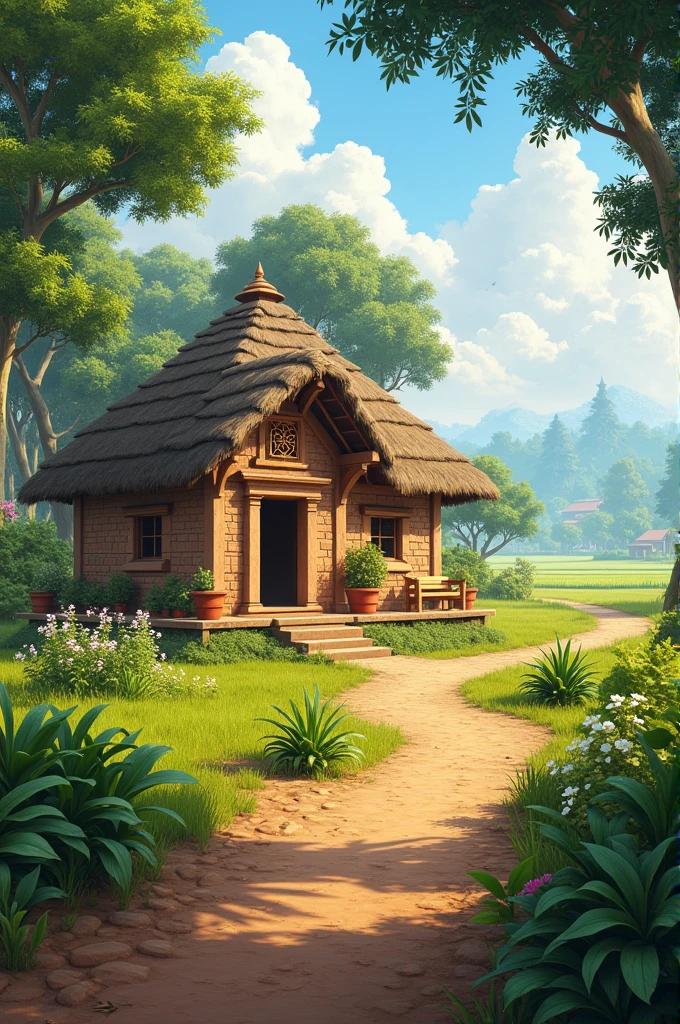 Create a realistic Indian village scene featuring a traditional house made of clay or brick with a thatched or tiled roof. Surround the house with lush greenery, including trees, shrubs, and a small garden with plants. The setting should reflect a peaceful rural environment, with dirt paths, open fields, and a clear sky, capturing the simplicity and beauty of village life."