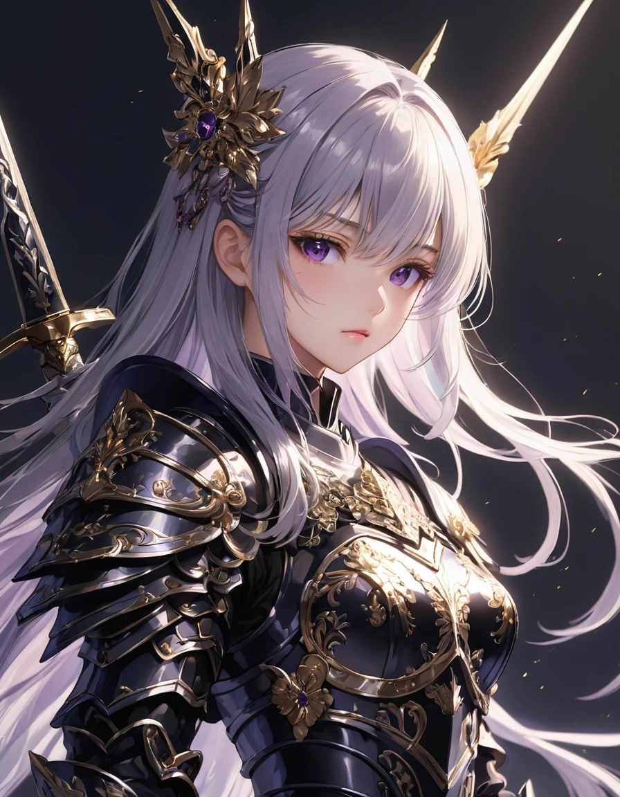 One girl,alone,anime,The whole body from head to toe、Classy girl,Armored,Holding a sword,anger,(embedded:Unaesthetic XLv13.Safety Tensor:1.2),(embedded:Negative XL_is.Safety Tensor:0.8),(masterpiece,Highest quality,Ultra_detailed,High resolution,Absurd:1),(masterpiece, Highest quality, Highest quality, beautifully、aesthetic),Ultra-detailed,Very delicate and beautiful,beautiful detailed face,澄んis顔,Best illustrations,extremely detailed eyes and face,wonderful,detailed and intricate,Best image quality, beautifully繊細な背景,beautiful detailed, Black-purple armor