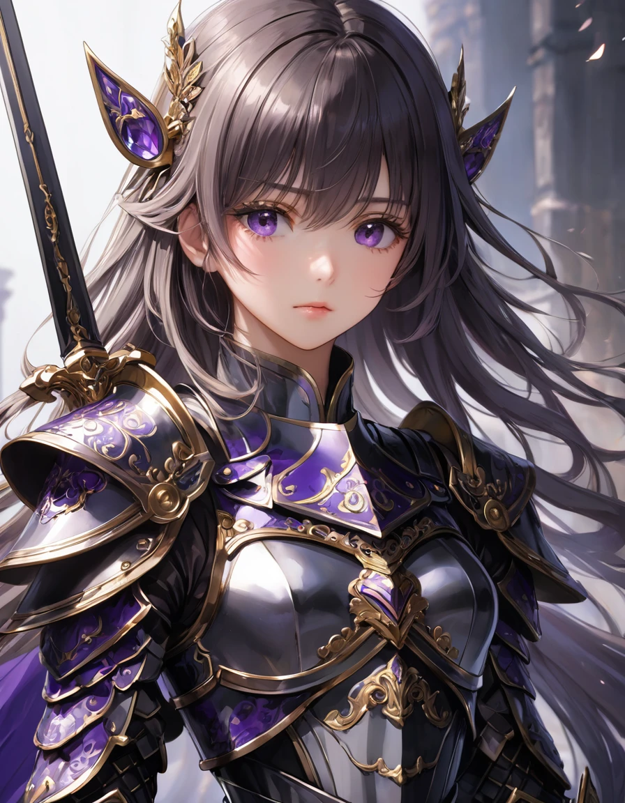 One girl,alone,anime,The whole body from head to toe、Classy girl,Armored,Holding a sword,anger,(embedded:Unaesthetic XLv13.Safety Tensor:1.2),(embedded:Negative XL_is.Safety Tensor:0.8),(masterpiece,Highest quality,Ultra_detailed,High resolution,Absurd:1),(masterpiece, Highest quality, Highest quality, beautifully、aesthetic),Ultra-detailed,Very delicate and beautiful,beautiful detailed face,澄んis顔,Best illustrations,extremely detailed eyes and face,wonderful,detailed and intricate,Best image quality, beautifully繊細な背景,beautiful detailed, Black-purple armor