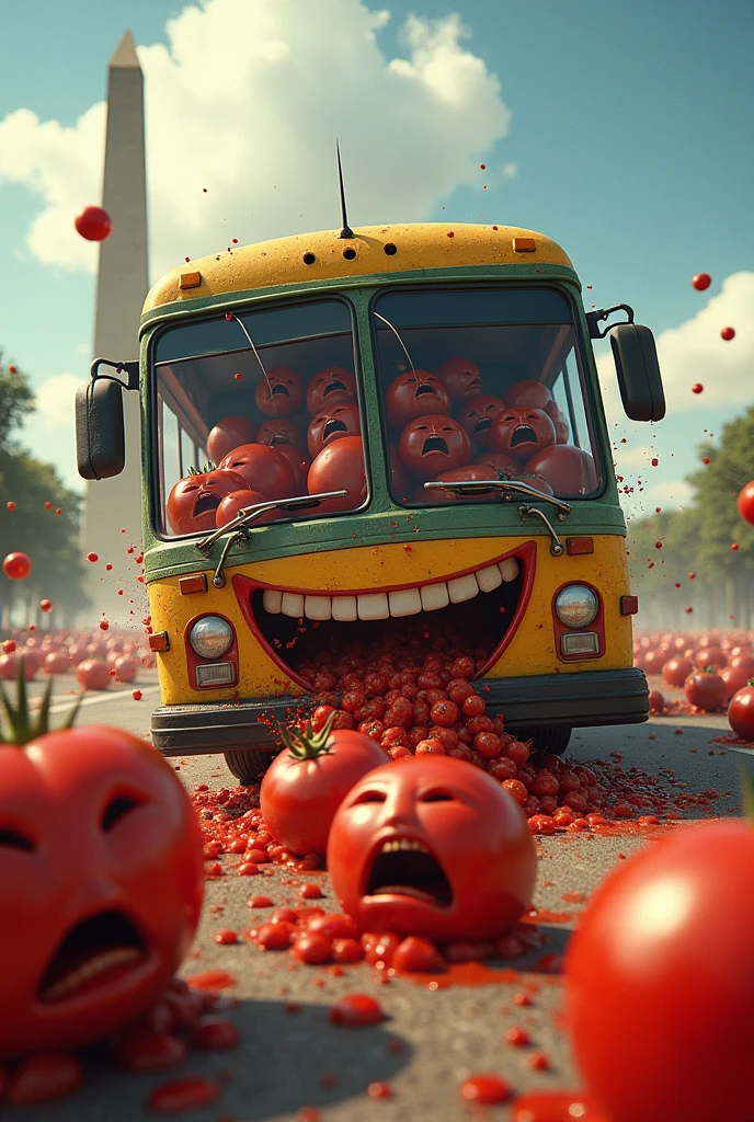 A bus full of tomatoes crashing into a national monument. The tomatoes are screaming and the bus is smiling.