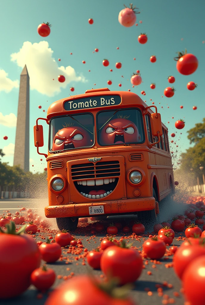 A bus full of tomatoes crashing into a national monument. The tomatoes are screaming and the bus is smiling.