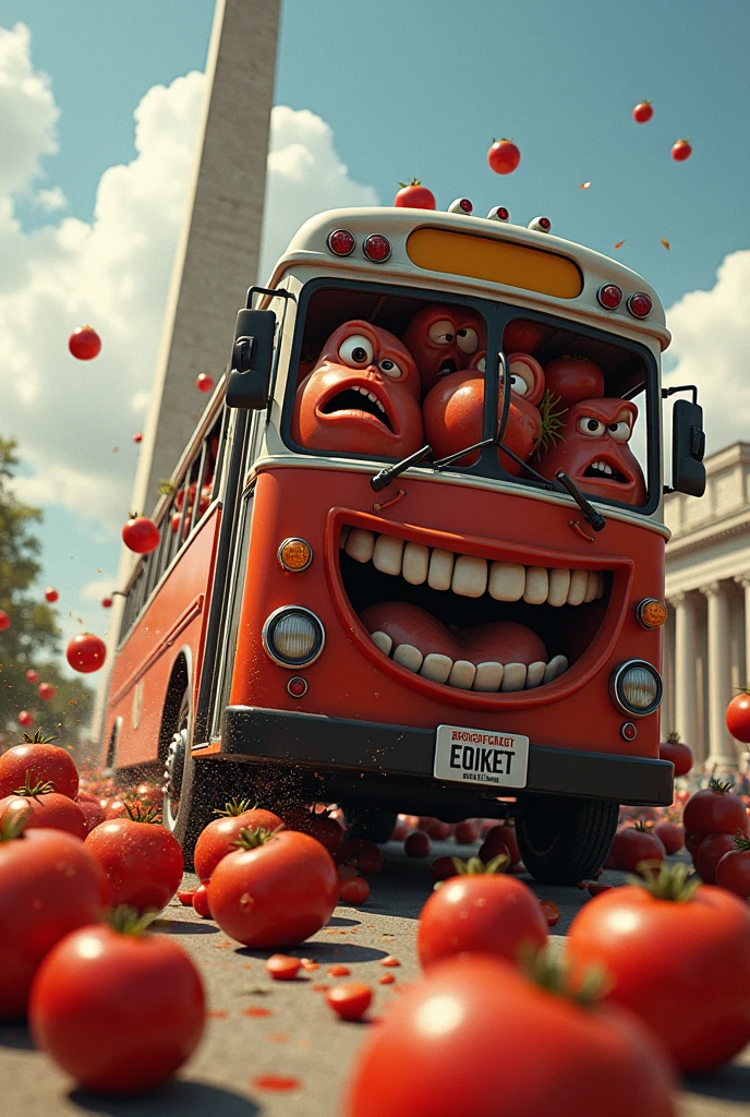 A bus full of tomatoes crashing into a national monument. The tomatoes are screaming and the bus is smiling.